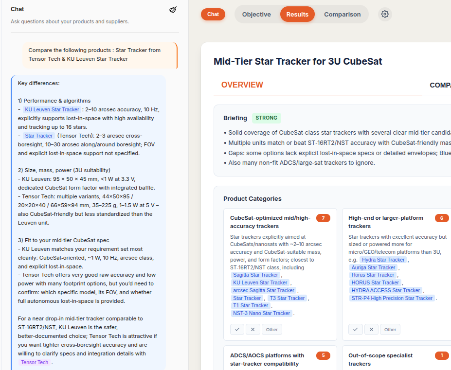 AI copilot view: product overview synthesized from specs with chat-based guidance